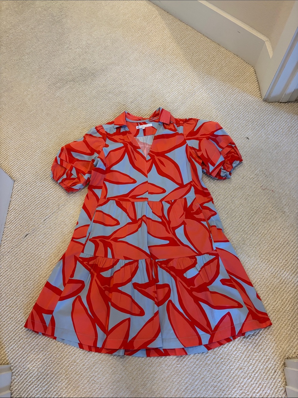 Southern Tide Red Leaf-Print Puff Sleeve Dress